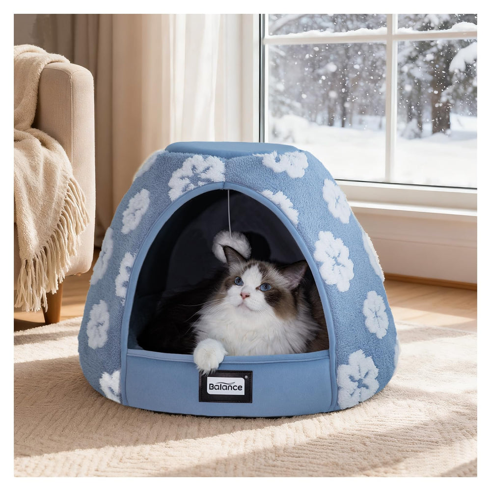 BALANCE cama para gatos interior 2 en 1 con cueva azul para descanso cálido
