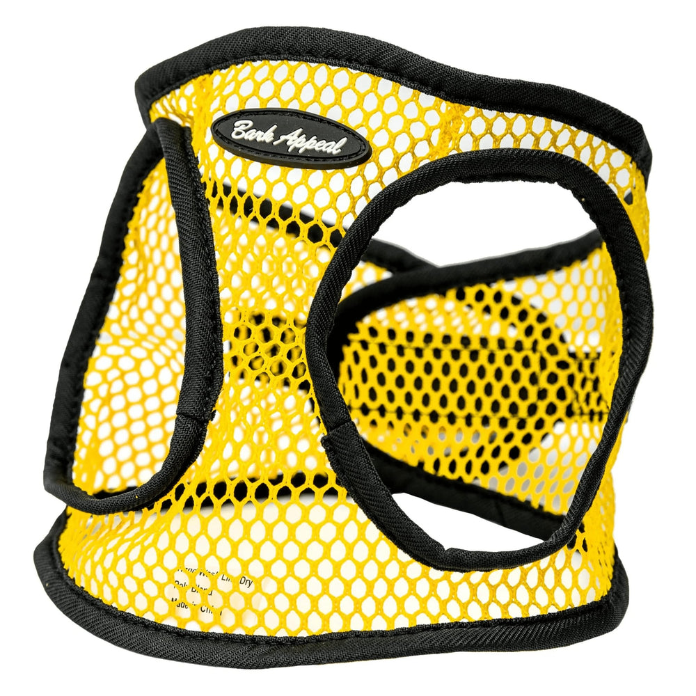 Arnés Bark Appeal amarillo de malla para perros, cómodo y transpirable.