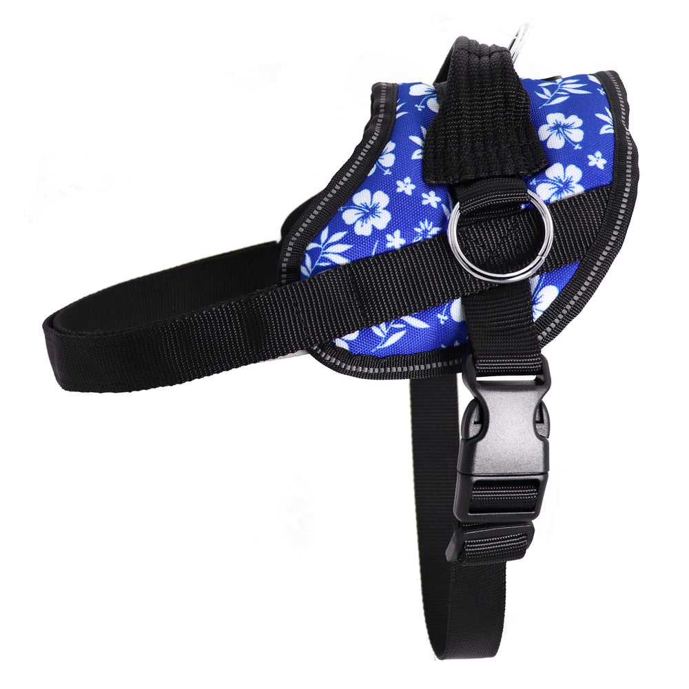 Arnés Bark Appeal Azul Hibisco, ajuste cómodo para paseos seguros.