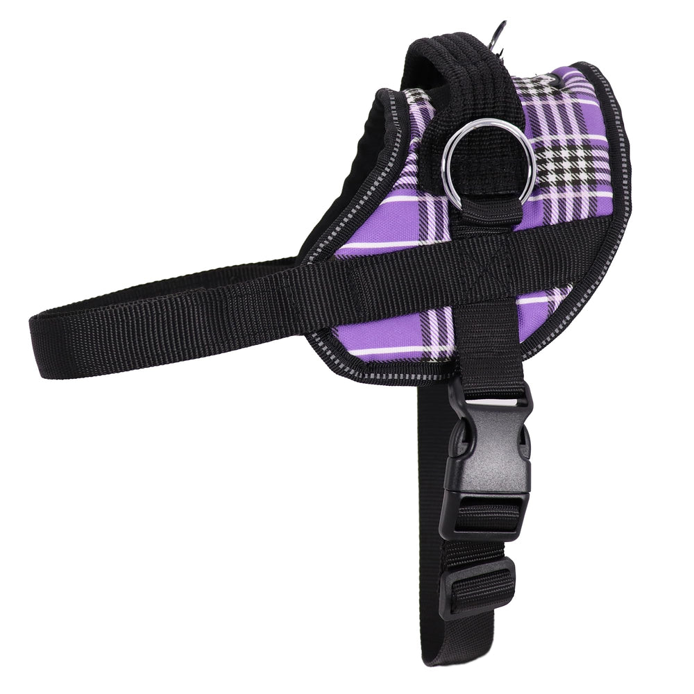 Arnés Bark Appeal con patrón morado a cuadros, vista frontal para ajuste cómodo.