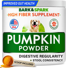 Polvo de calabaza BARK&SPARK para perros en frasco, apoya digestión suave.