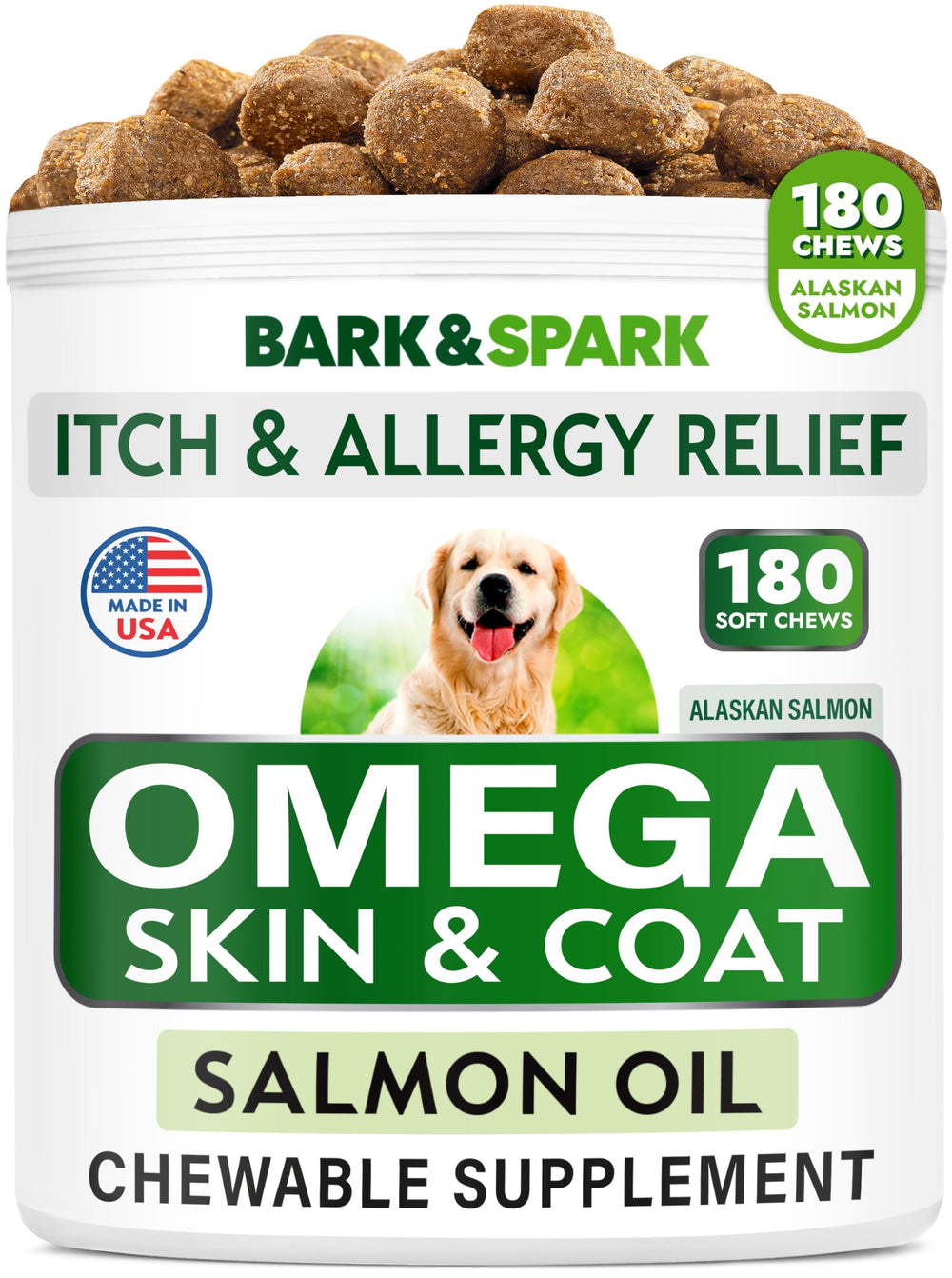 Caja de Bark&SPARK Omega 3, 180 premios de salmón para piel sana y pelaje.
