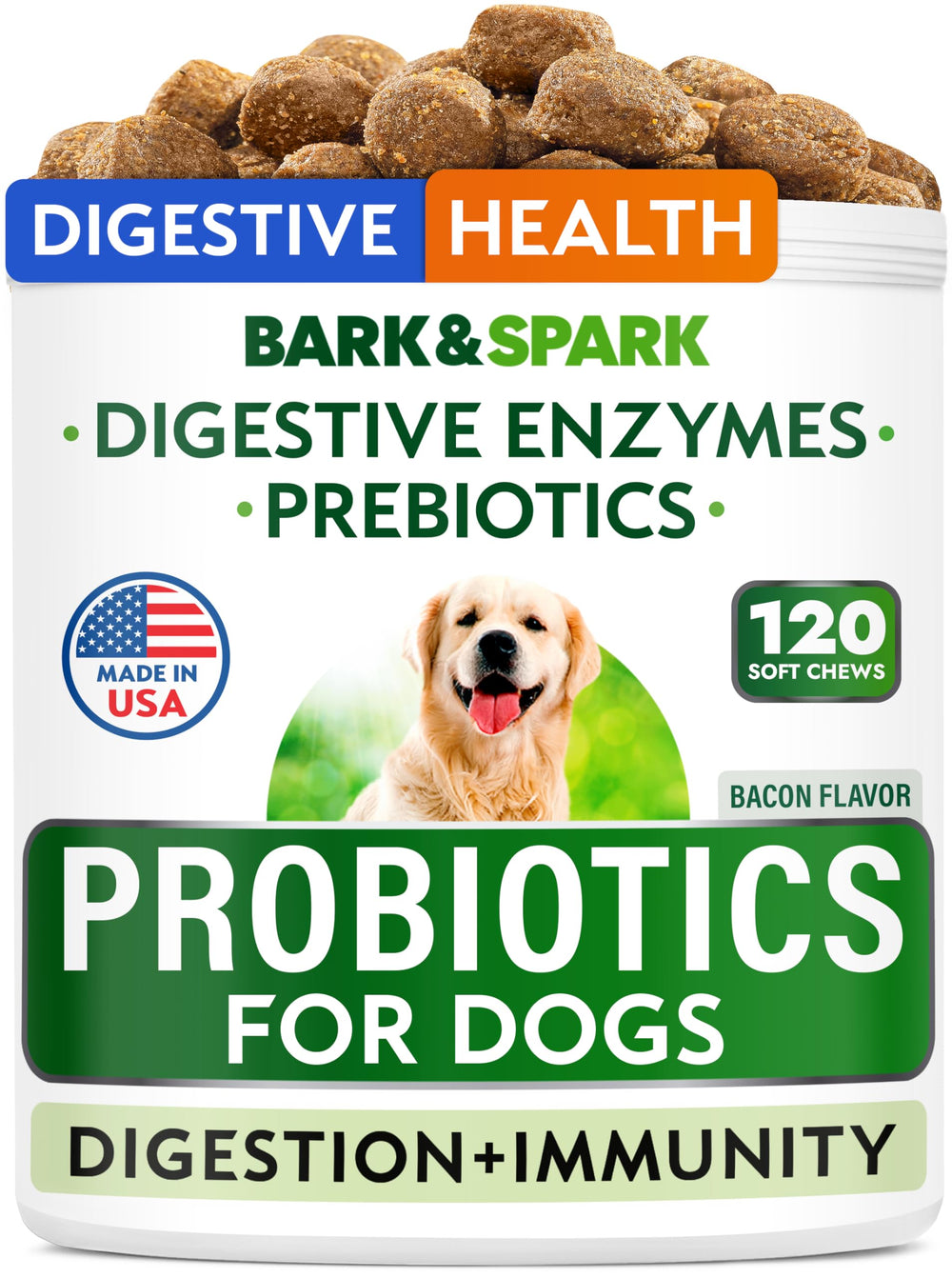 BARK&SPARK probióticos para perros en bote, apoyo digestivo diario.