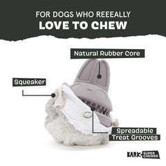 Barkbox Hare Raiser: núcleo goma dura para mordidas seguras y resistentes.
