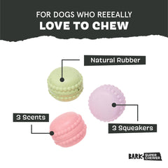 Macaruffs BarkBox: juguete de goma fresa, aroma tentador para estimular la curiosidad del perro.