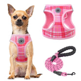 ARNÉS BEAUTYZOO para perro pequeño con cuadros rosa, cómodo y seguro para paseos.