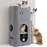 Bedsure: torre para gatos de interior, vista general de tres niveles para juego y descanso.