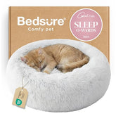 Bedsure cama para gato redonda y calmante en gris frío, ideal para descanso cómodo.
