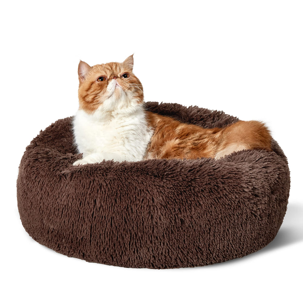 Bedsure cama para gatos circular de 20 pulgadas, refugio acolchado para descanso seguro.