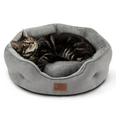 Bedsure cama para perro pequeño, redonda y gris, descanso suave y seguro.
