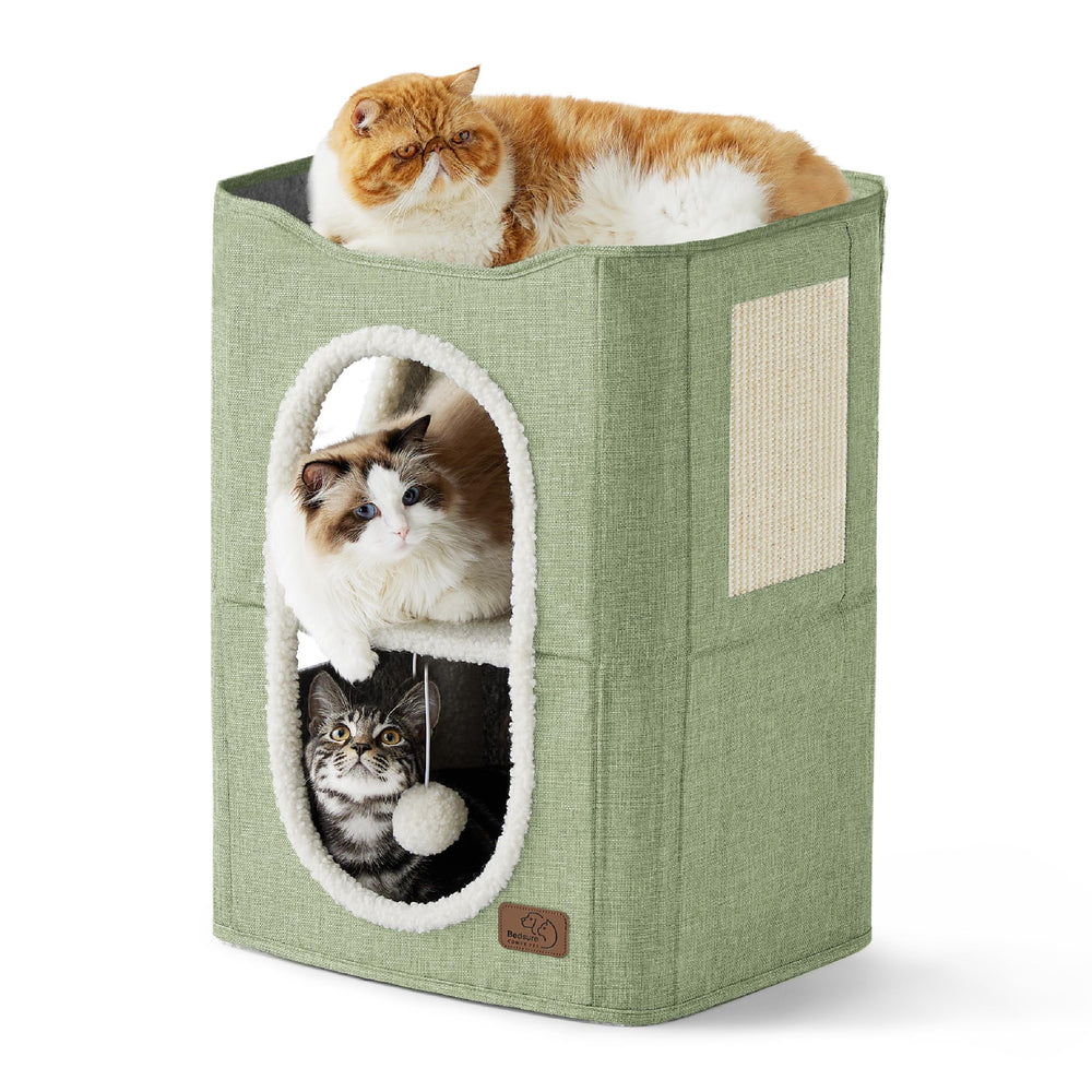 Bedsure casa-gato-dos-niveles-verde-frente, refugio cómodo para gatos curiosos.