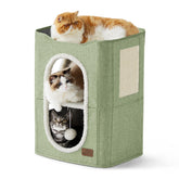 Bedsure casa-gato-dos-niveles-verde-frente, refugio cómodo para gatos curiosos.