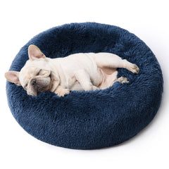 Bedsure Cama Donut Calma para perros pequeños en Navy, ideal para dormir acurrucado.