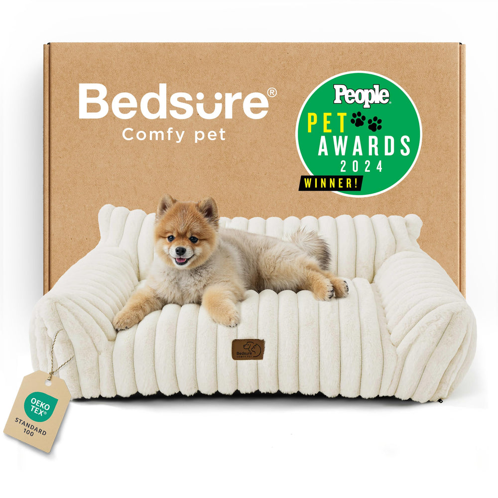 Bedsure sofá para gato con pana crema, soporte cómodo para horas de juego.