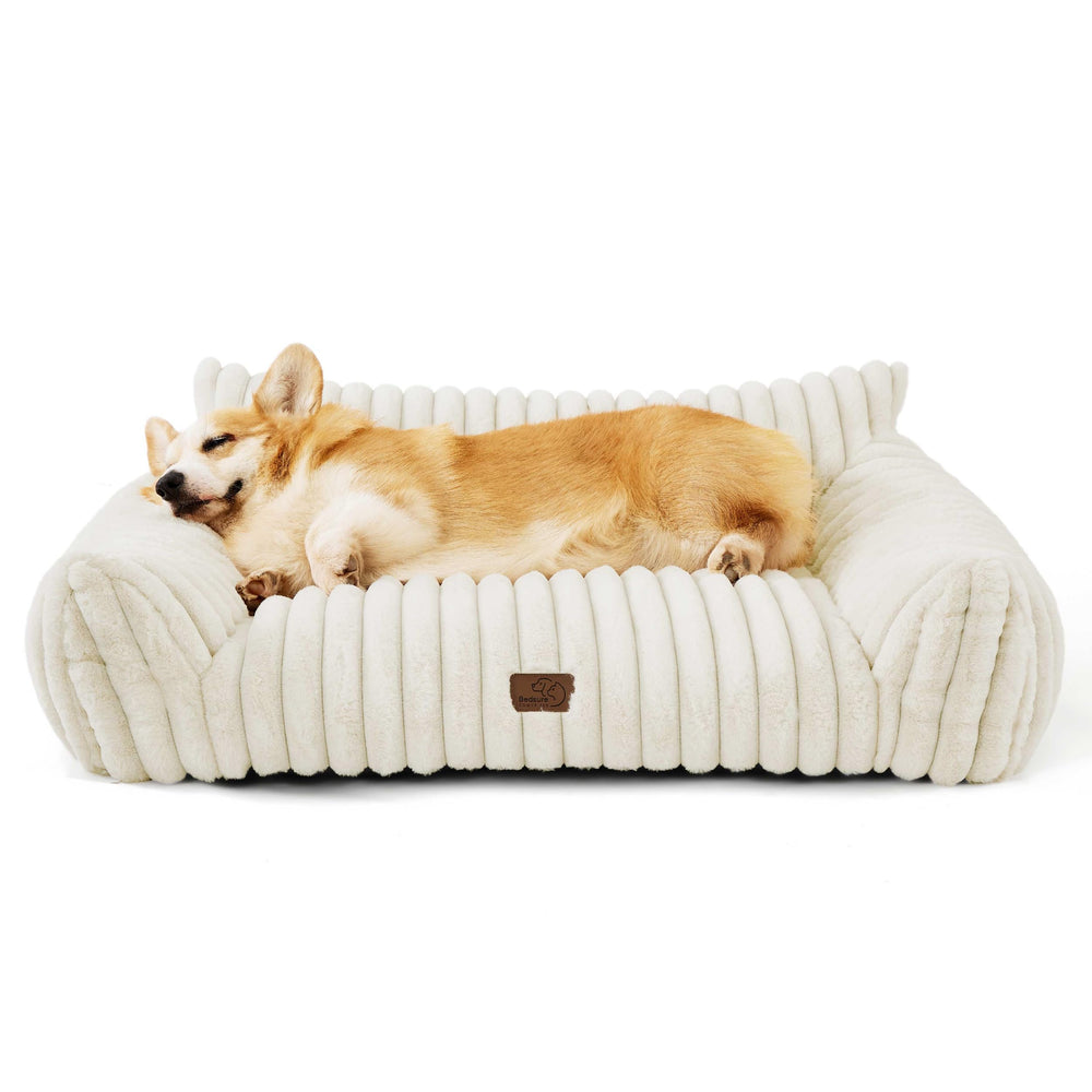 Bedsure sofá para perros medianos crema, soporte cómodo para cabeza y cuello.
