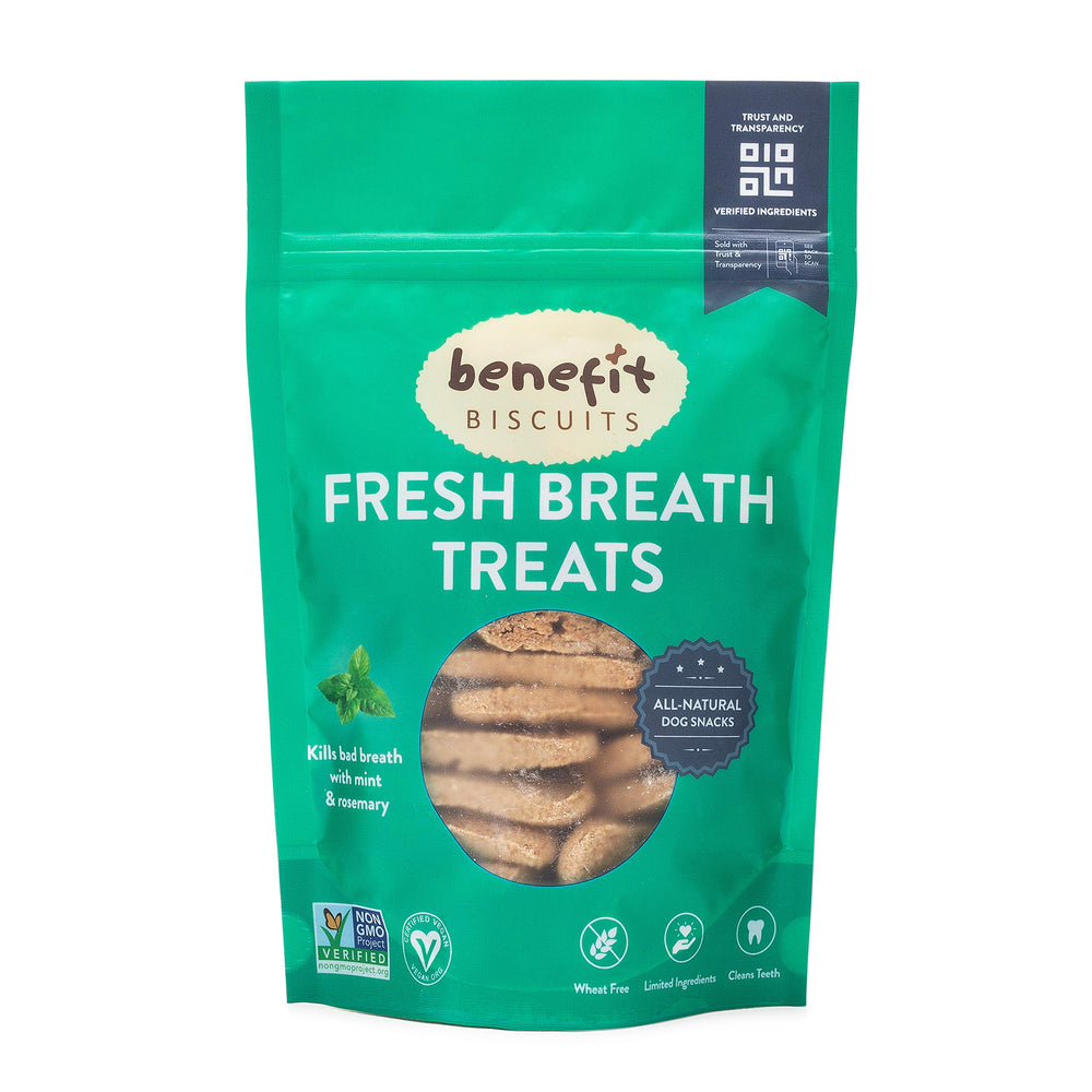 Benefit Biscuits menta en bolsa de 7 onzas, snack natural para perros activos.
