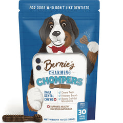 Bernie's Charming Chompers, limpieza dental diaria para perros y mejor higiene bucal.