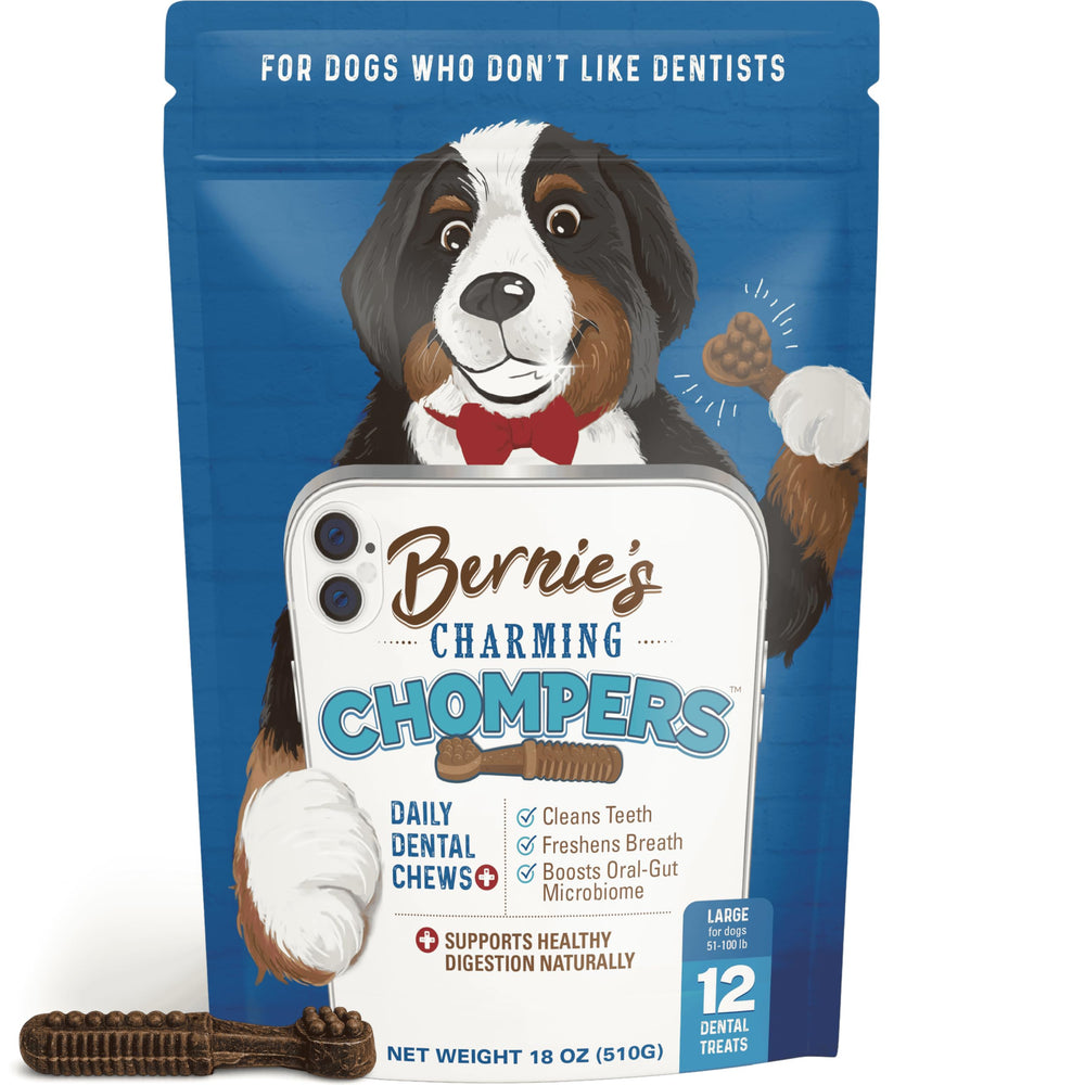 Bernie's Encantadores Mordedores Dentales limpian dientes y refrescan el aliento con uso diario.