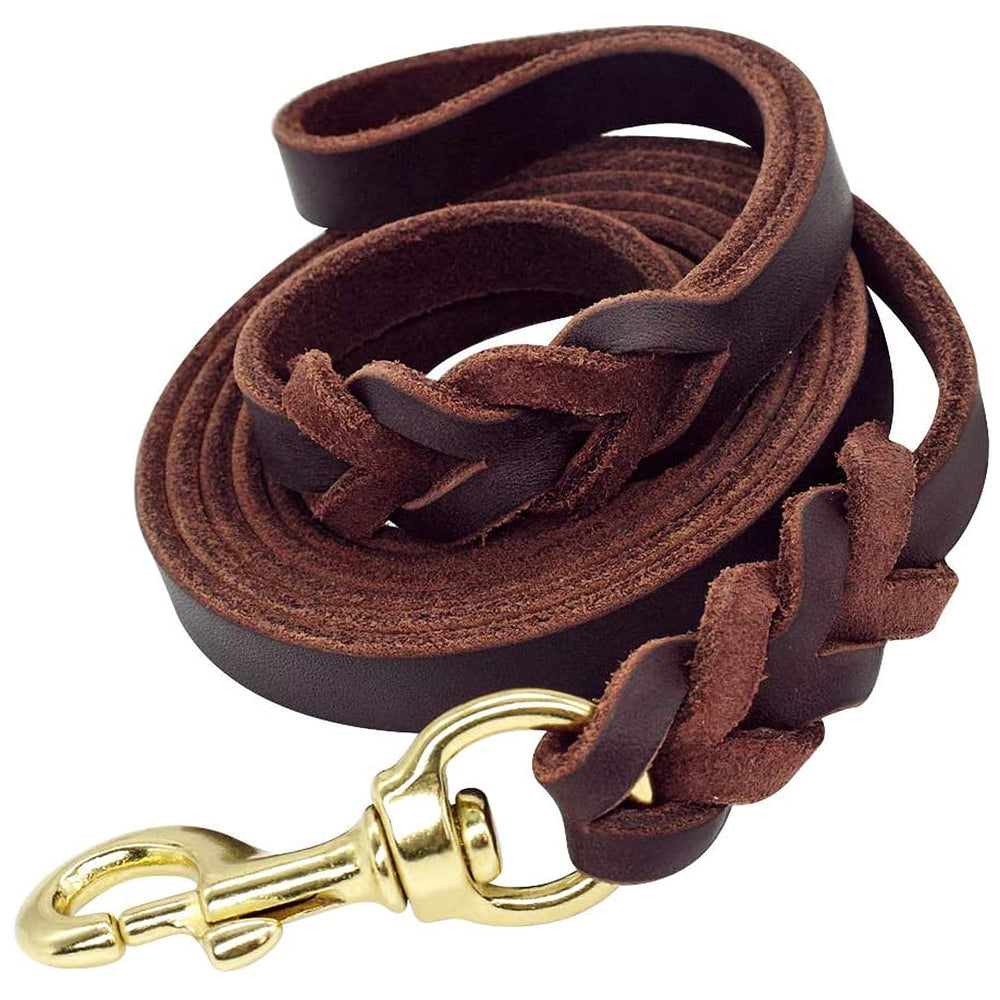 Berry Pet correa de cuero genuino con trenza marrón para paseos diarios.