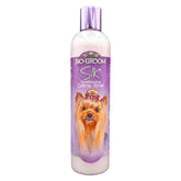 Bio-Groom acondicionador seda crema para perros, botella volcada para uso rápido.