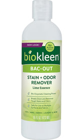 Biokleen Bac-Out en botella frontal muestra diseño ecológico para limpieza segura.