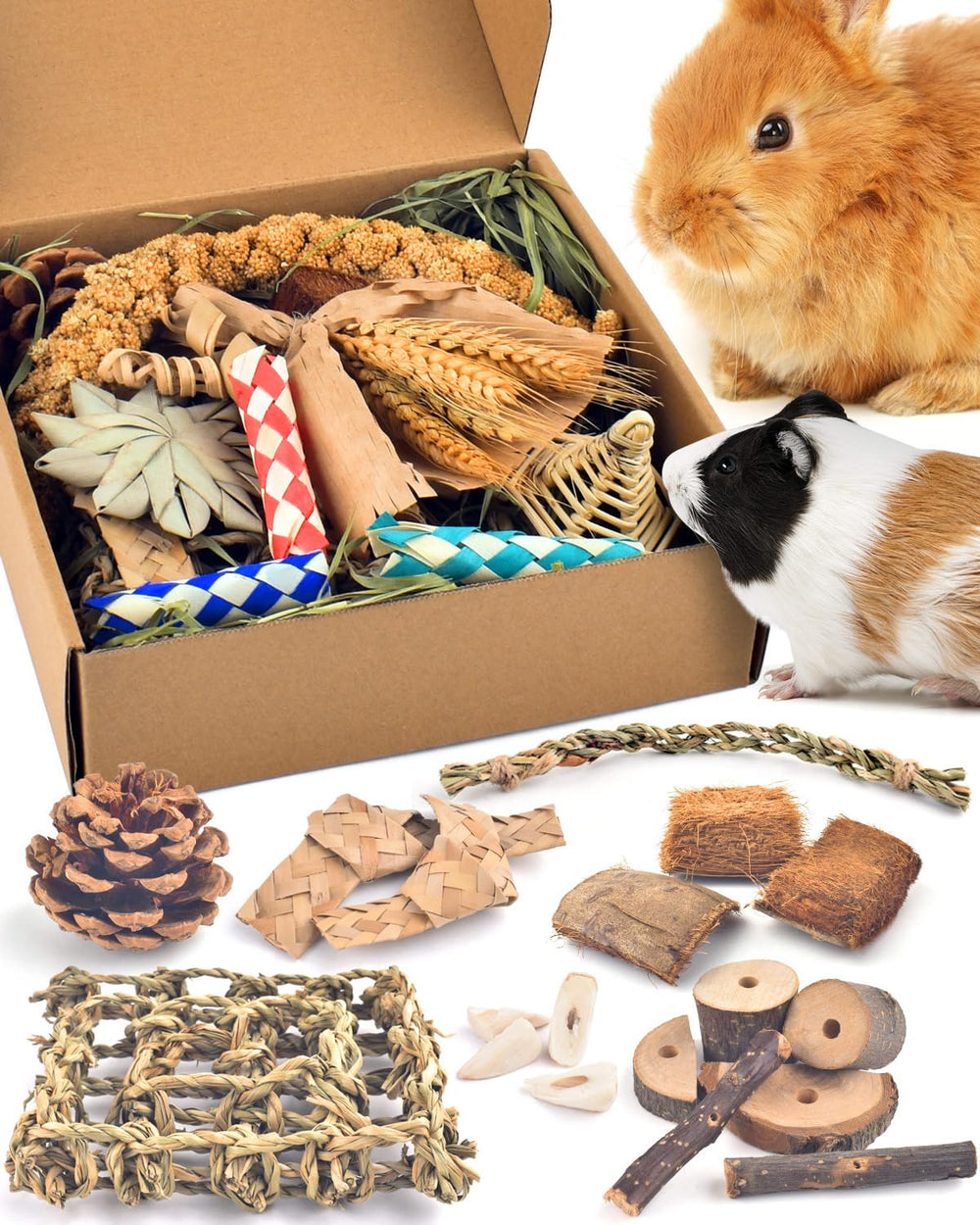 Bissap Juguete masticable para conejos dentro de la caja con heno Timothy.