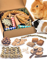Bissap Juguete masticable para conejos dentro de la caja con heno Timothy.