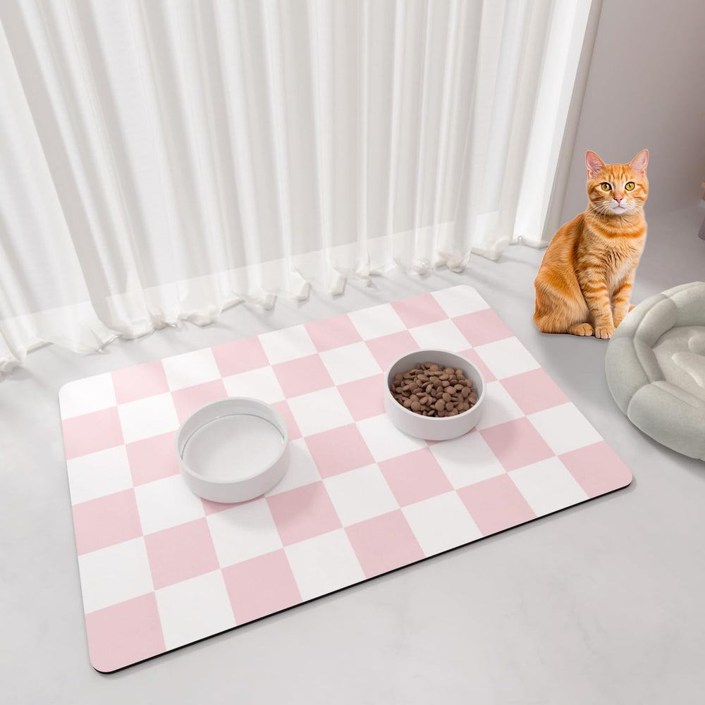 Tapete BLESWIN para gatos en rosa y blanco, mantiene orden en la comida.