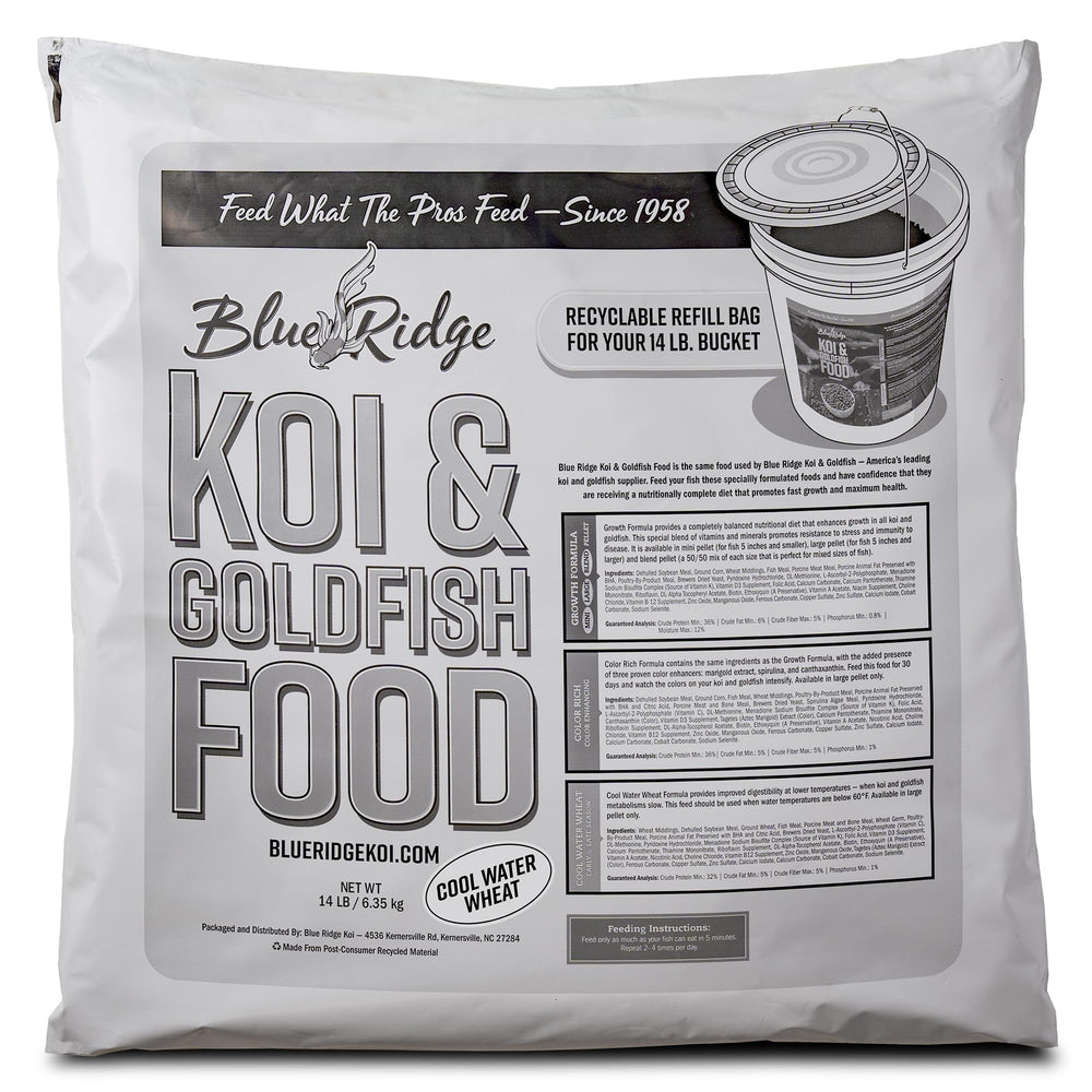 Blue Ridge Koi alimento pellets agua fría trigo, nutrición para temperaturas bajas