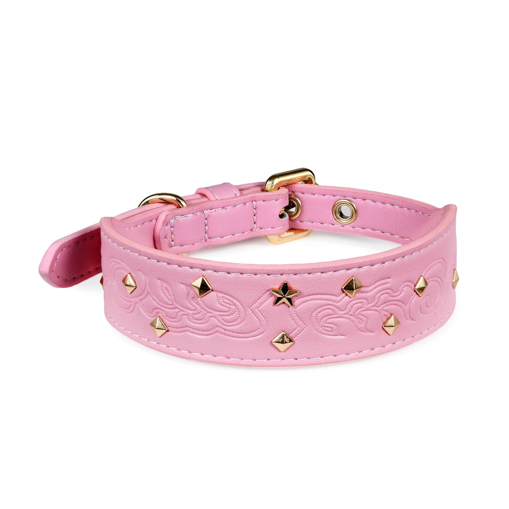 Blueberry Pet collar premium, grabado rosa glam con remaches dorados para estilo diario.