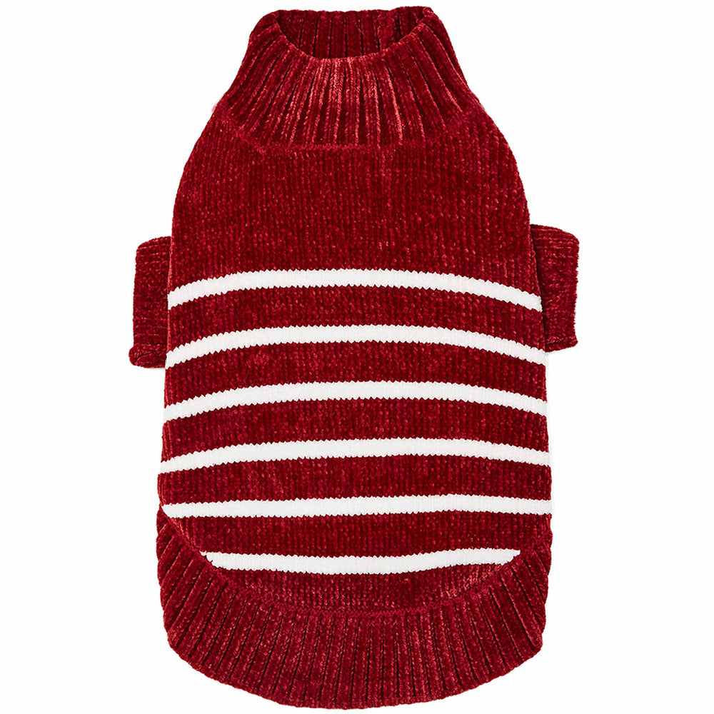 Blueberry Pet suéter chenille rayado burdeos, ideal para paseos fríos.