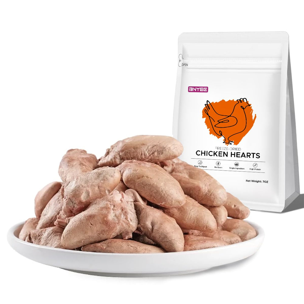 BNYEE corazones de pollo desecados en bolsa de 7 oz, snack crujiente para perros y gatos.