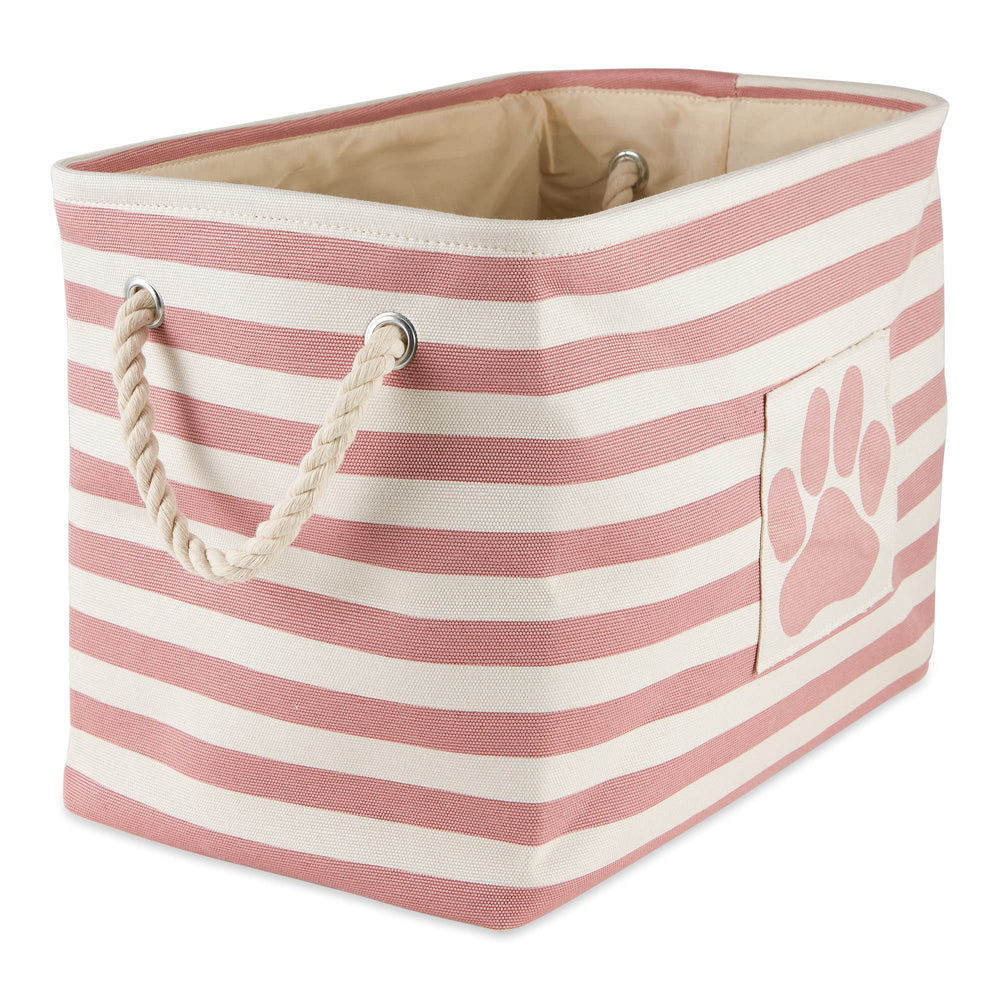 Cesta Bone Dry rectángulo rosa con parches de patita para almacenamiento ordenado.