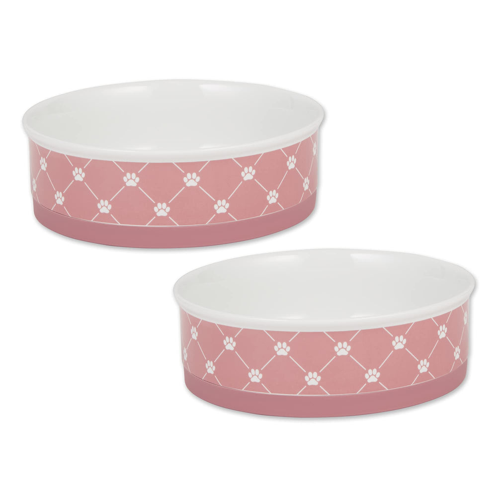 Bone Dry Trellis con huellas de pata en tazones rosas, ideal para comer cómodo.
