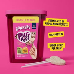 Bonkers Purrpops proceso deshidratado 100% proteína, snack premium para gatos.