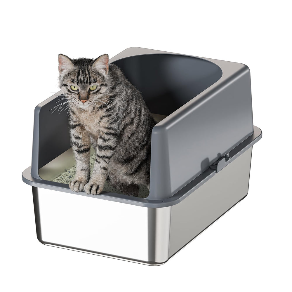 Booche caja de arena para gatos con tapa amplia en acero inoxidable y entrada cómoda