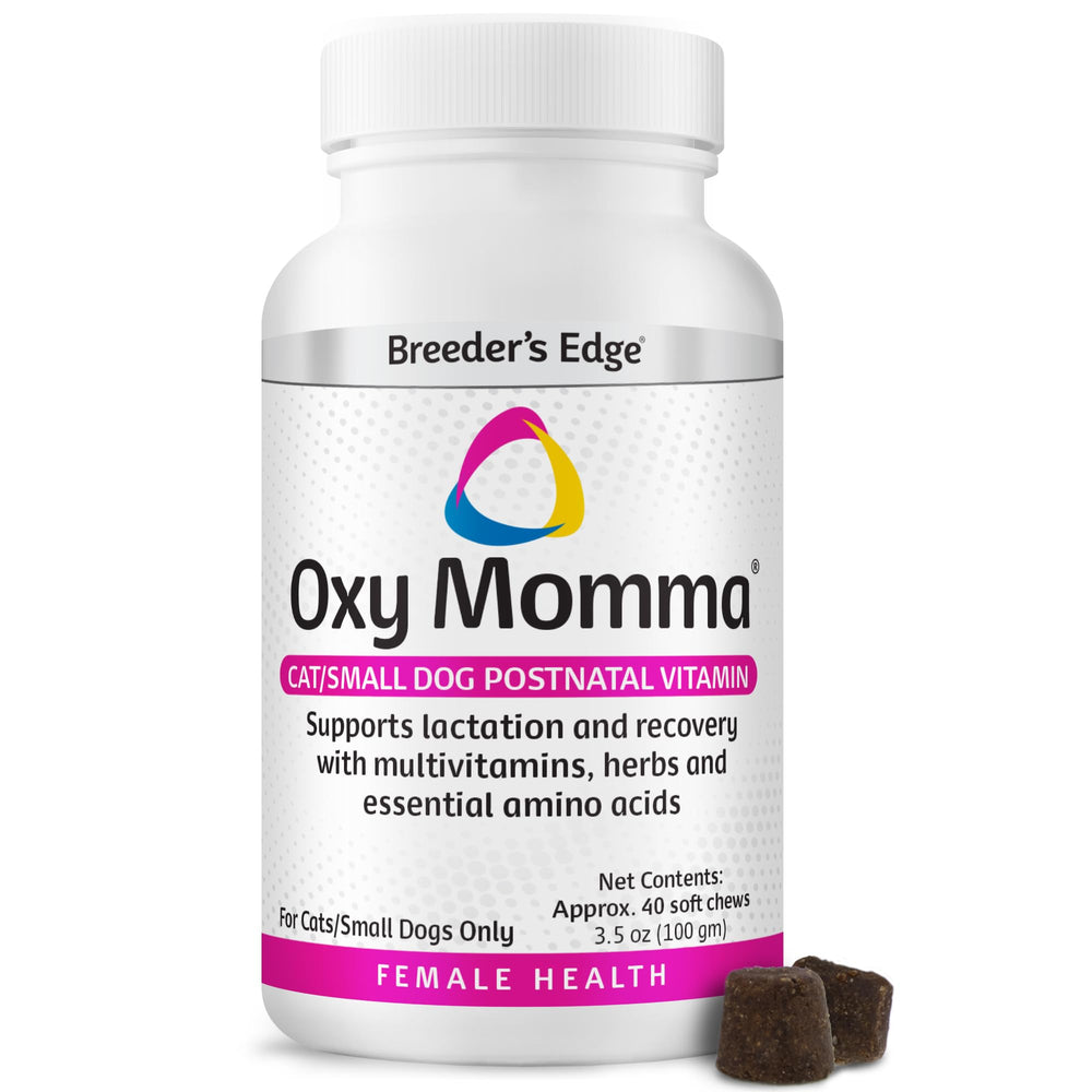 Breeder's Edge Oxy Momma: gomitas suaves para madres lactantes y apoyo nutricional para cachorros.