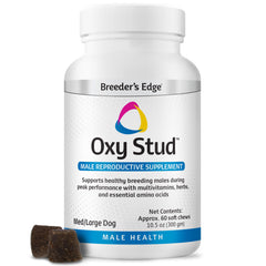 Breeders Edge Oxy Stud: botella de pastillas blandas para perros y gatos machos