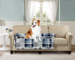 Brilliant Sunshine cama para perro acolchada patchwork azul, ideal para comodidad y decoración.
