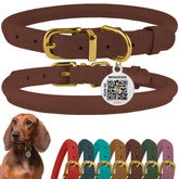 BronceDog collar enrollado con etiqueta QR, identificación rápida para perros.