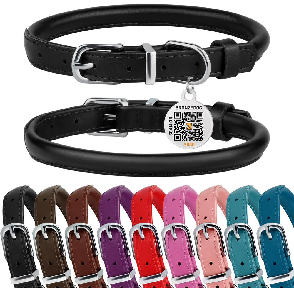 BRONZEDOG collar enrollado de cuero para perros, cómodo y duradero en negro brillante.