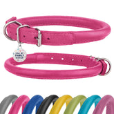 BRONZEDOG collar de cuero enrollado rosa, textura suave para pelaje.