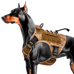 Arnés Bruvoalon táctico camuflaje caqui para perros grandes, control seguro en caminatas.