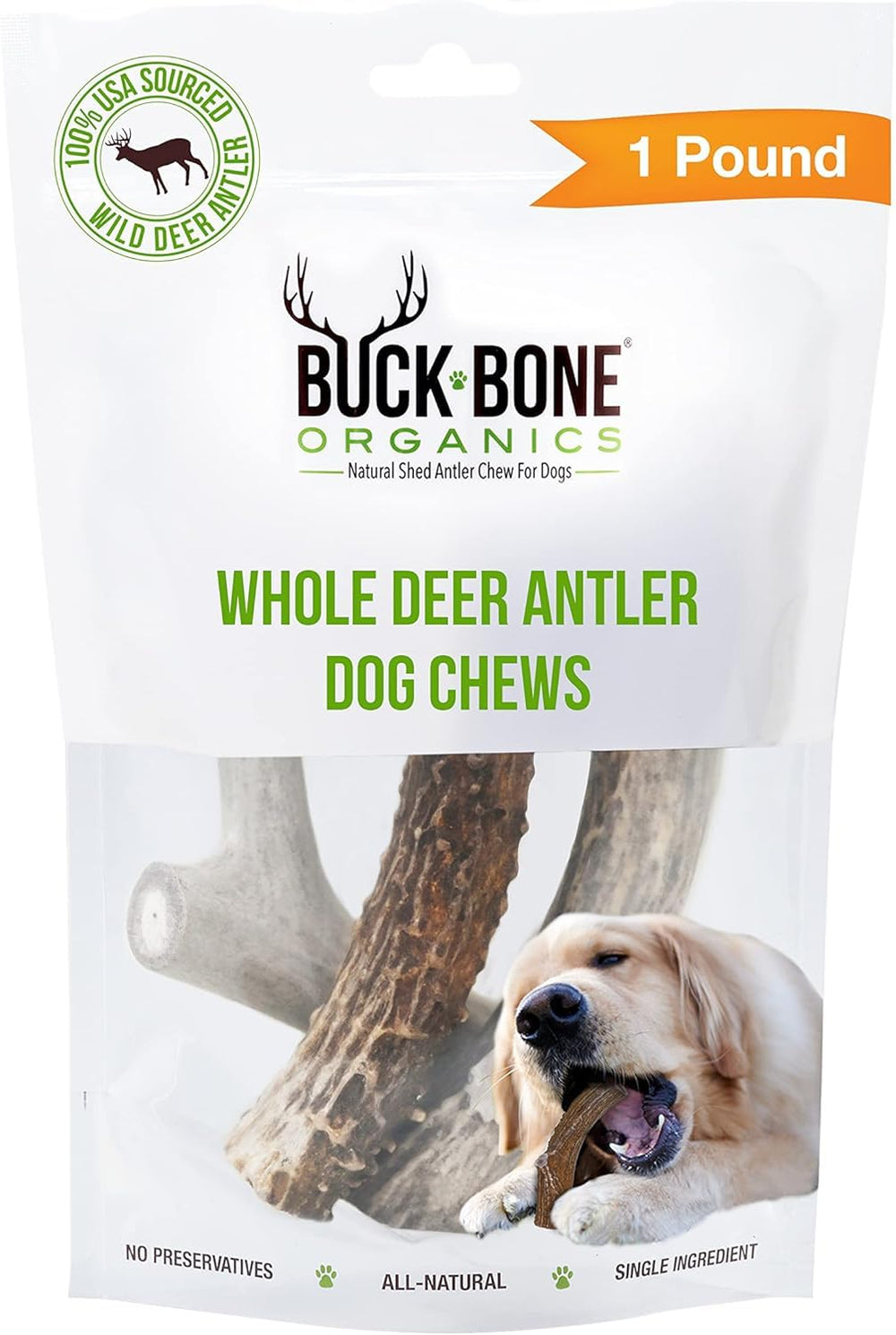 Buck Bone Organics masticación dura cuerno de ciervo para perros, favorece la higiene dental.