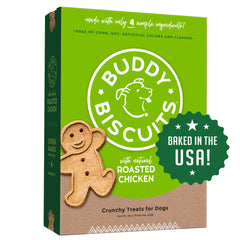 Buddy Biscuits frente a la caja, galletas saludables para premiar