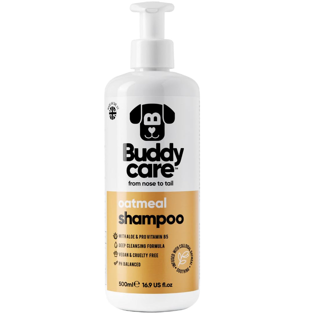 Buddycare Champú de Avena para Perros, botella con aroma suave que cuida la piel.