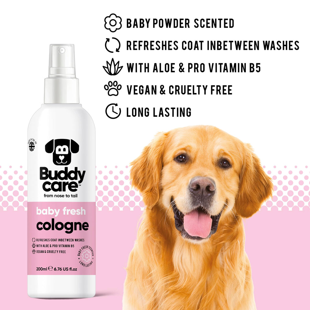 Buddycare colonia perro, detalle etiqueta, aroma suave ideal para paseos.