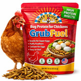 Buff Clucks GrubFuel, empaque compacto para almacenamiento práctico.