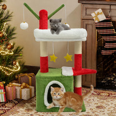 BYBYME Árbol de Gato Navideño de 32 Pulgadas | Mueble para Gatos con Casita, Juguete Colgante y Poste Recubierto de Sisal
