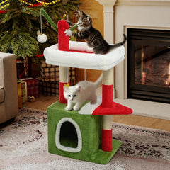 BYBYME Árbol de Gato Navideño de 32 Pulgadas | Mueble para Gatos con Casita, Juguete Colgante y Poste Recubierto de Sisal
